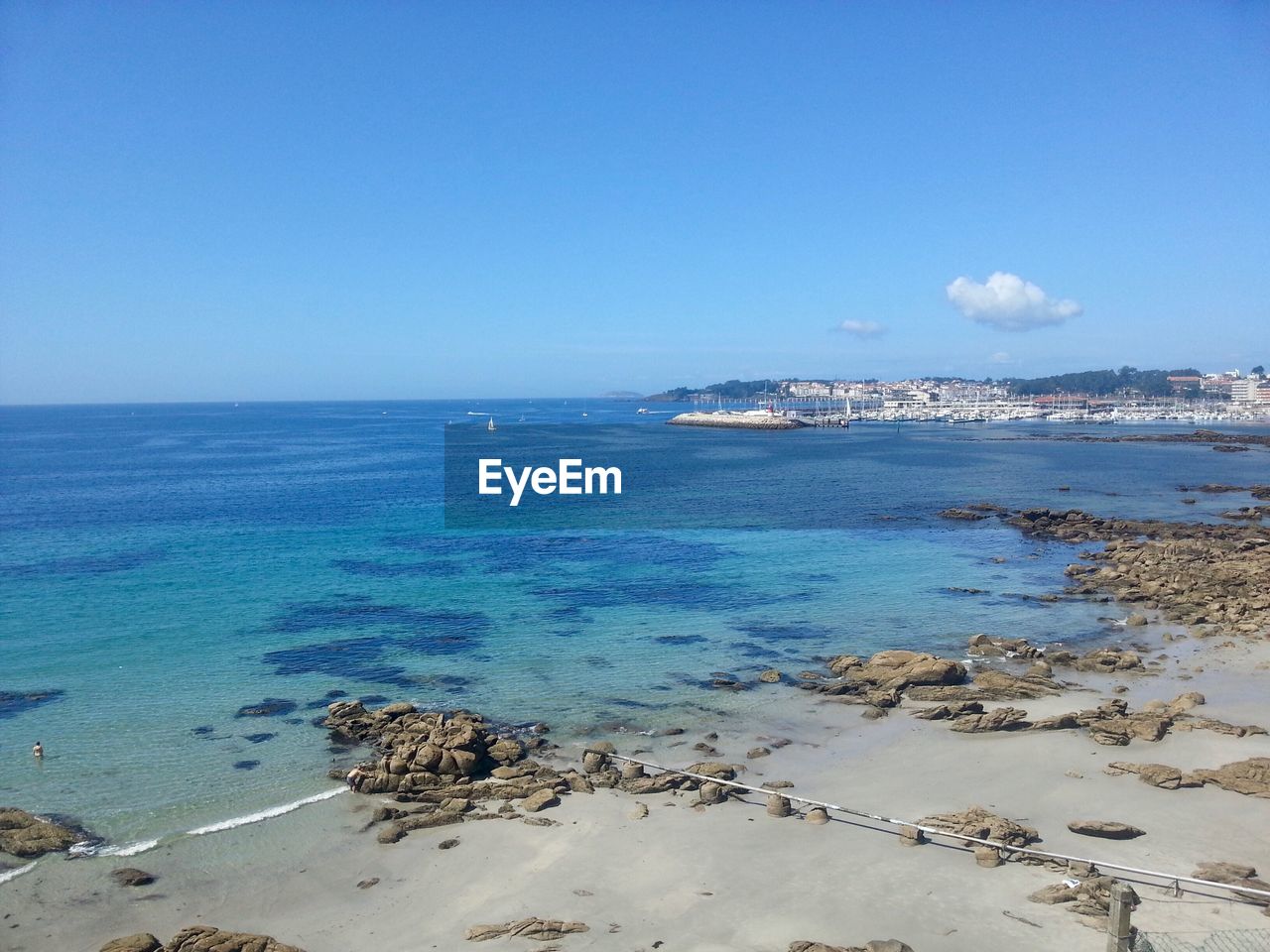 Scenic view of sea against clear blue sky