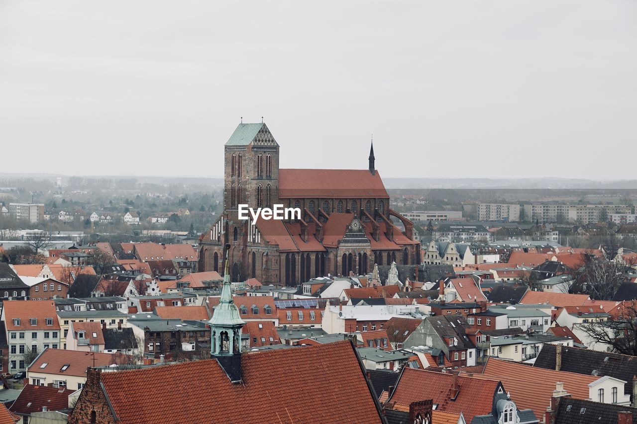 High angle view of townscape against clear sky