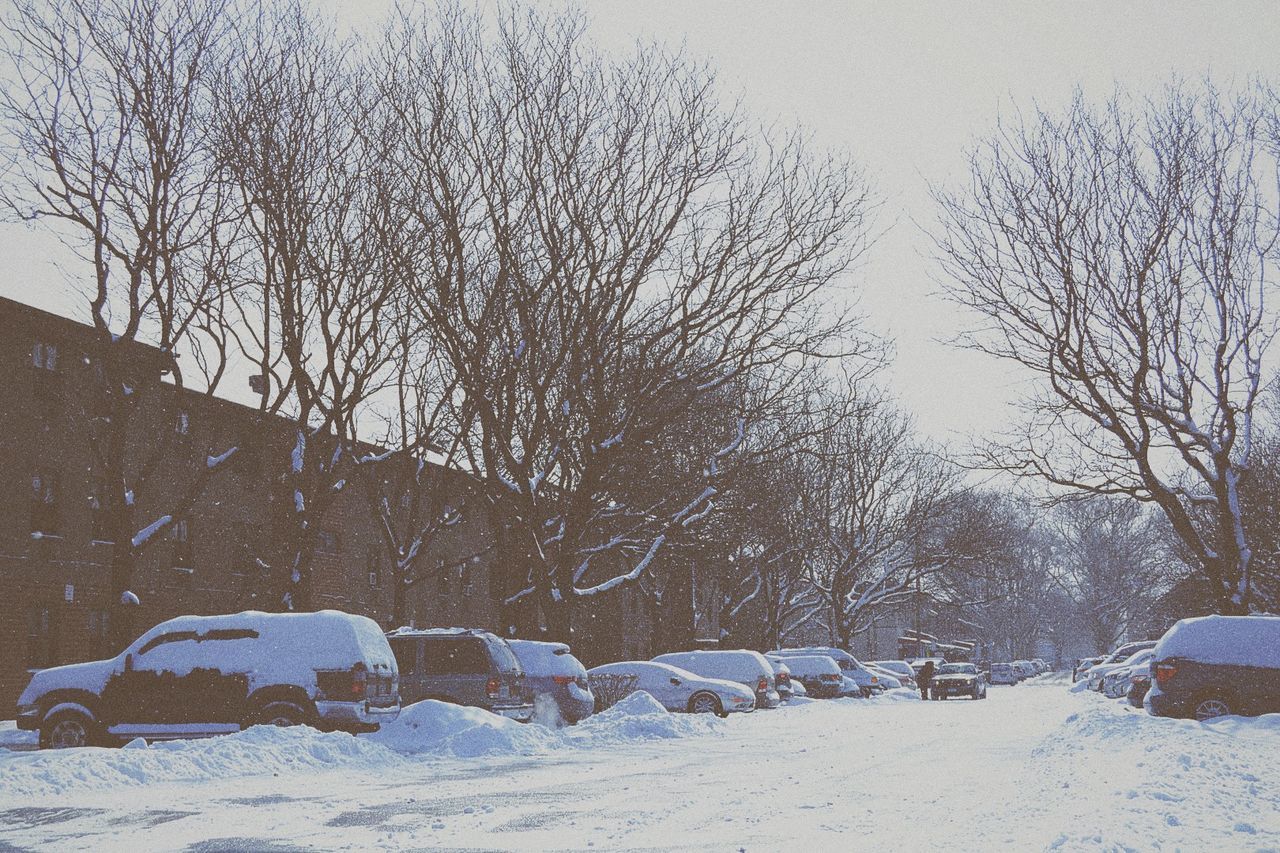 Cars and street covered in snow