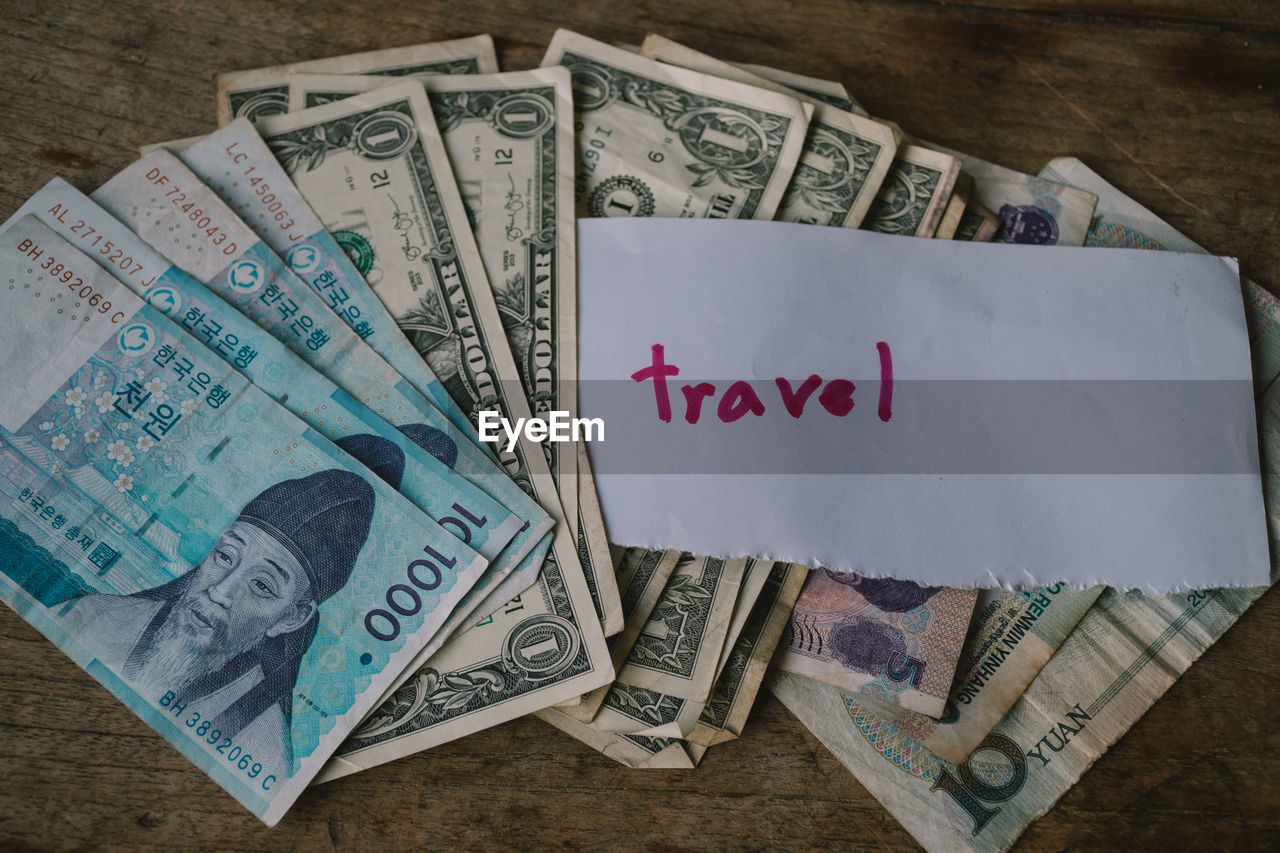 Paper with travel text on paper currencies