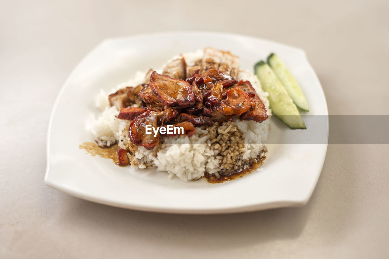 High angle view of food in plate on table