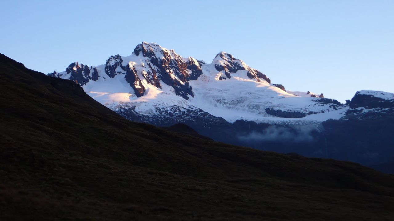 Scenic view of snow mountains against clear blue sky