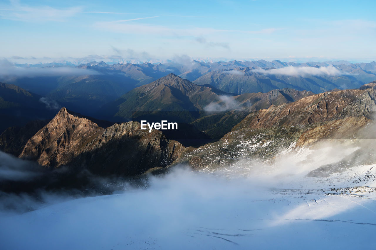 Aerial view of snowcapped mountains against sky