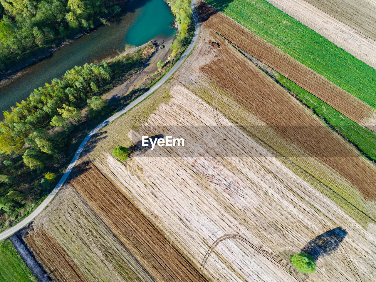 HIGH ANGLE VIEW OF AGRICULTURAL FIELDS