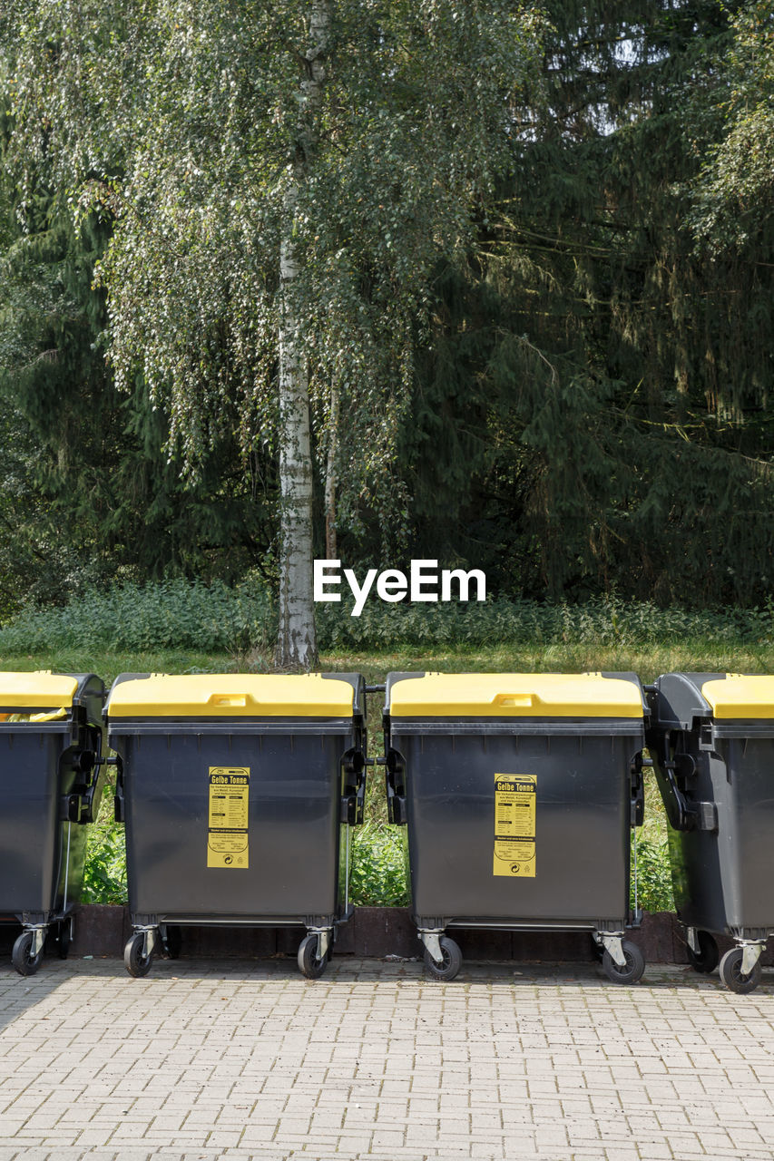 Wheeled garbage cans against trees