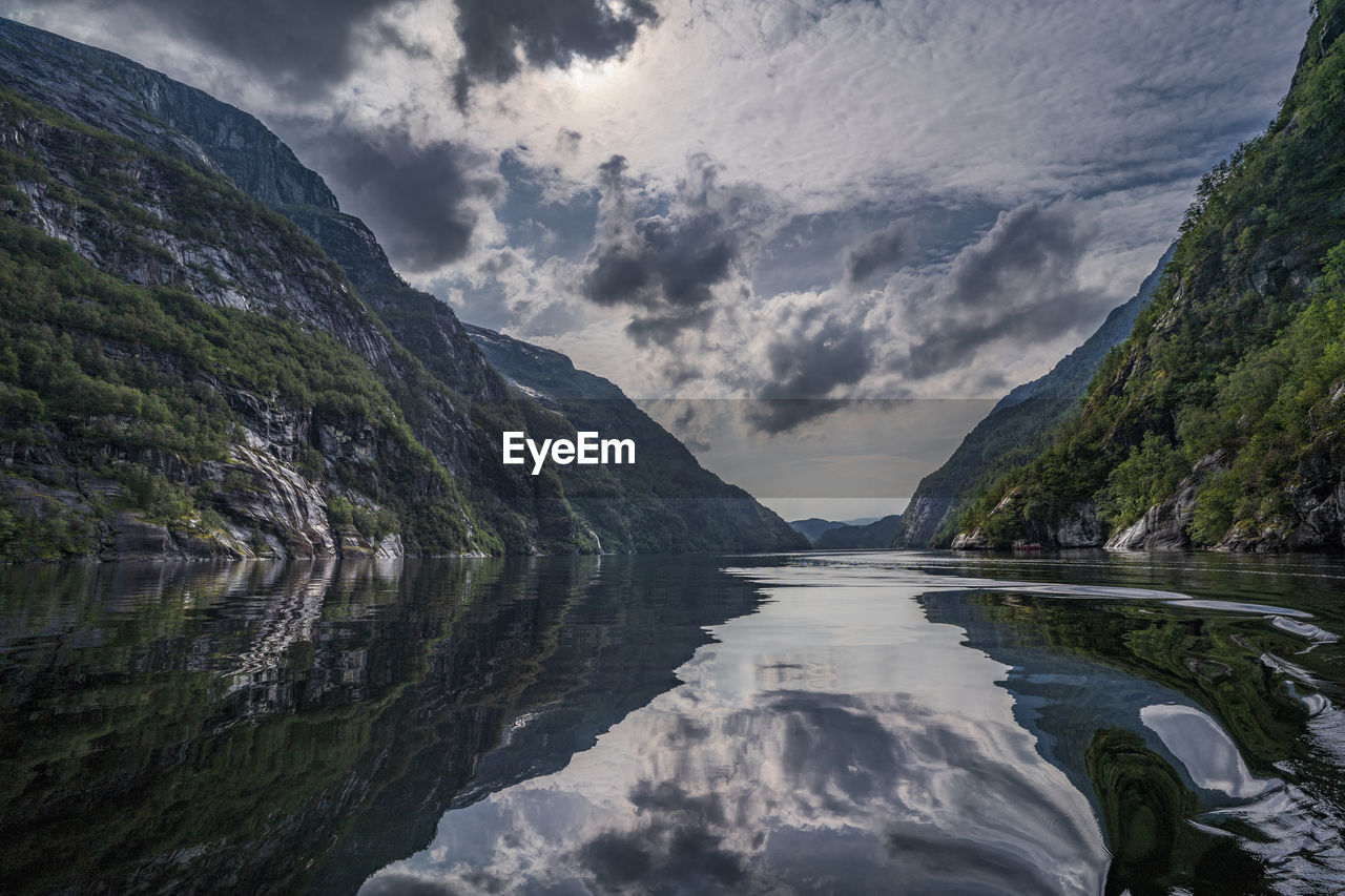 SCENIC VIEW OF LAKE BY MOUNTAIN AGAINST SKY