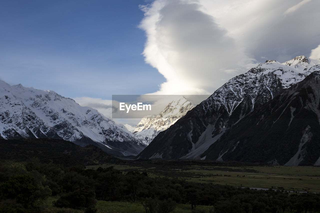 Scenic view of snowcapped mountains against sky