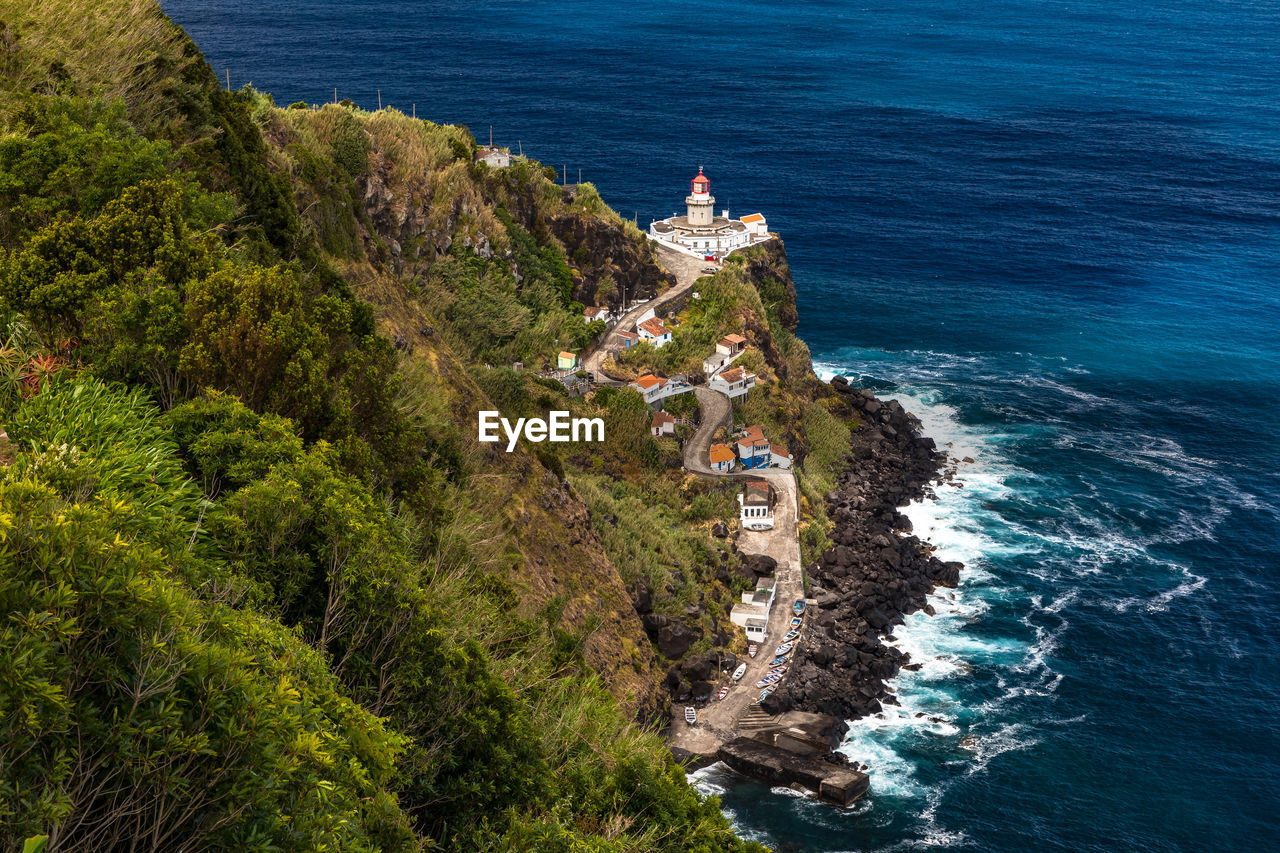 High angle view of sea and mountains  on the cliffs of the azores island of sao miguel, portugal