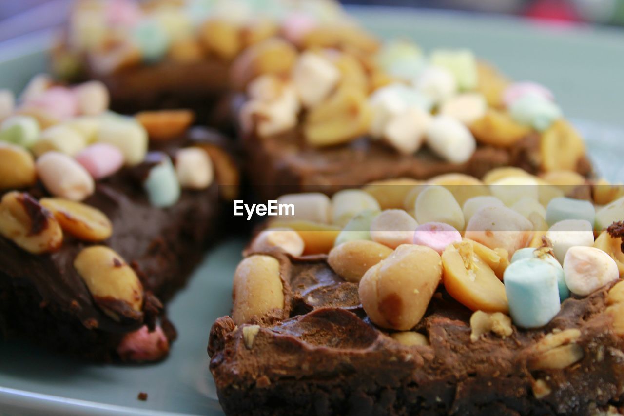 Close-up of rocky road cake slices served in plate