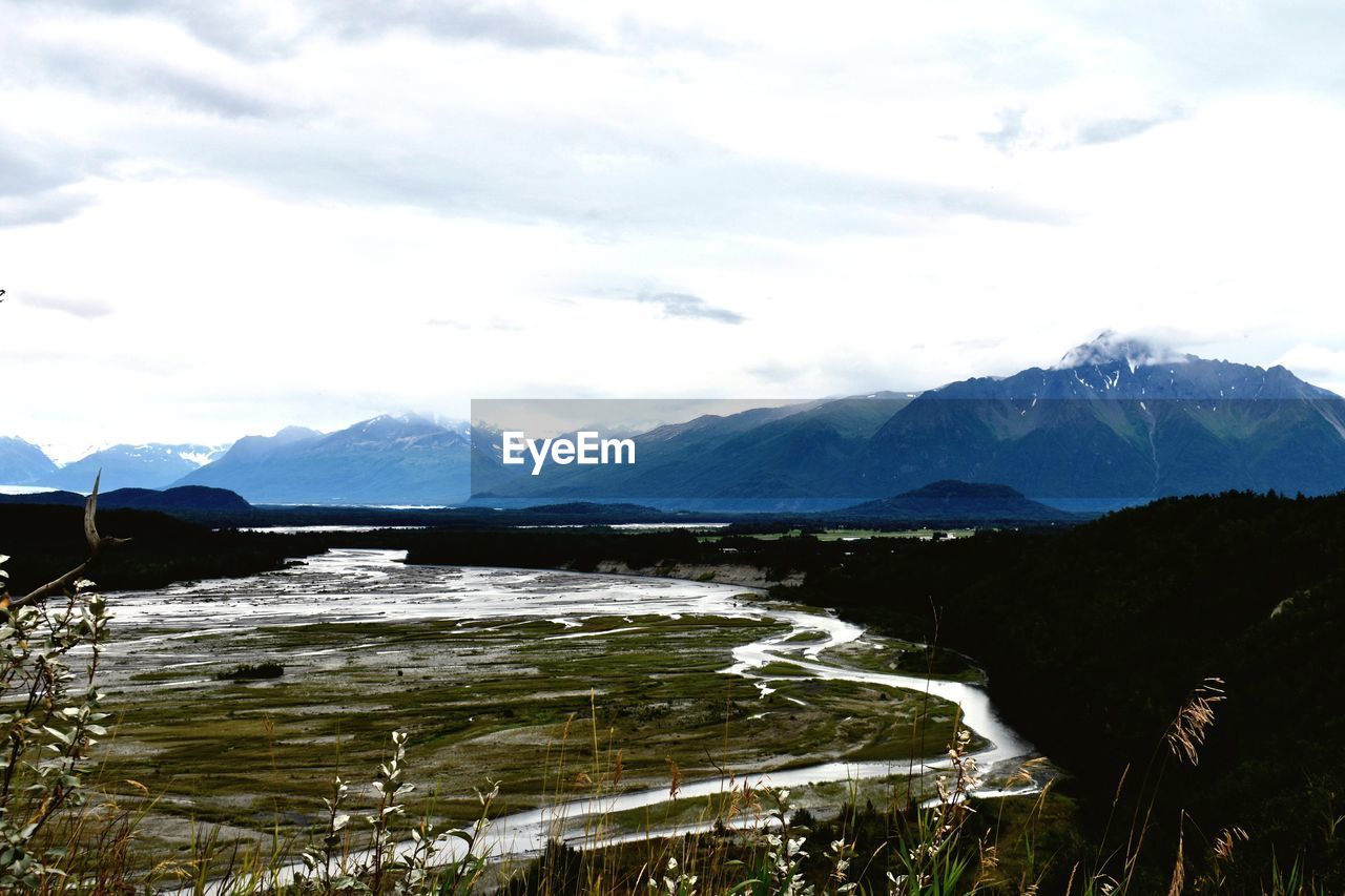 SCENIC VIEW OF RIVER AND SNOWCAPPED MOUNTAINS AGAINST SKY