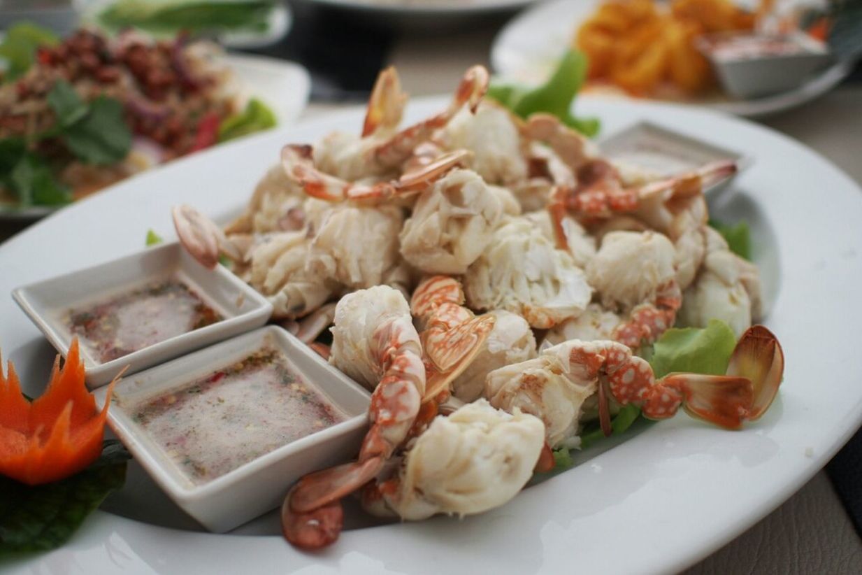 Close-up of crab served in plate on table
