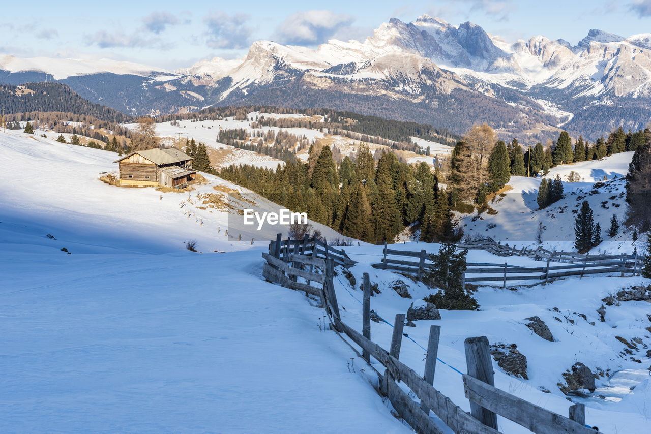 Scenic view of snow covered mountains against sky