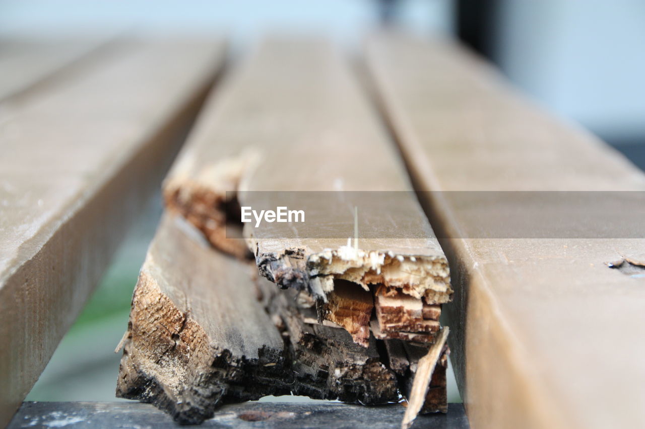 Close-up of broken wooden bench