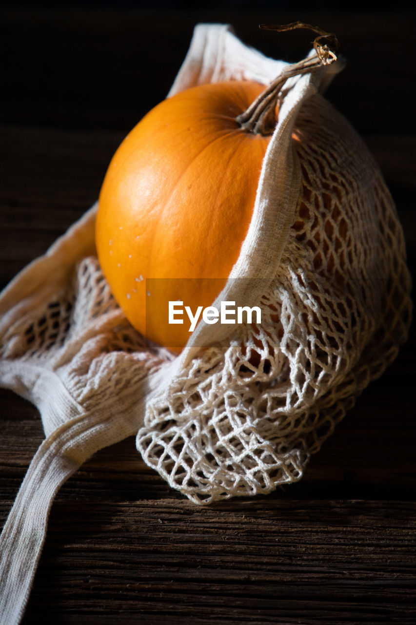 high angle view of pumpkin on table
