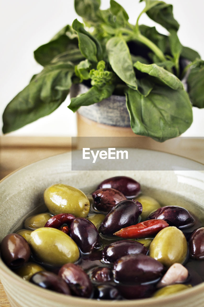 Close-up of olives in bowl by spinach leaves