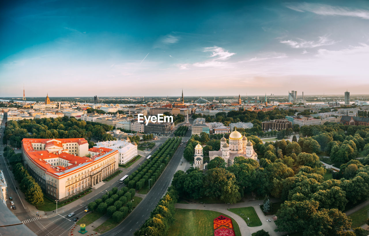 high angle view of city against sky