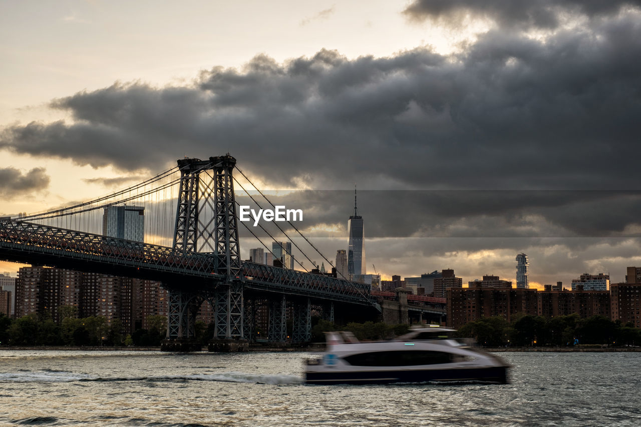 BRIDGE OVER RIVER WITH CITY IN BACKGROUND