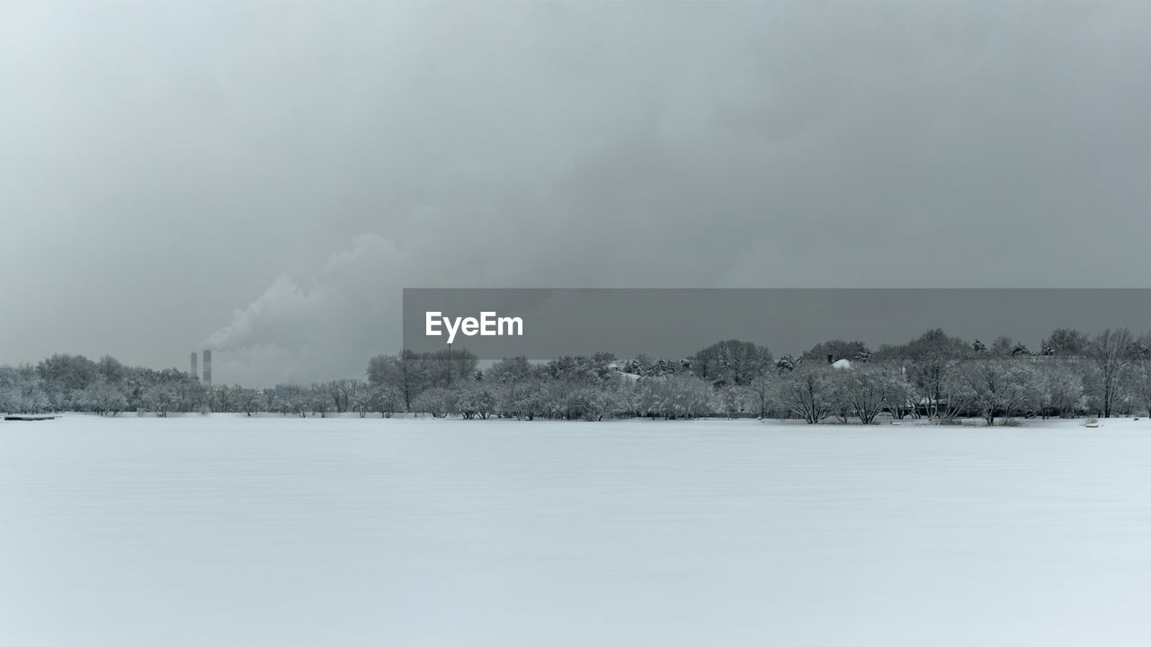 TREES ON SNOW FIELD AGAINST SKY DURING WINTER