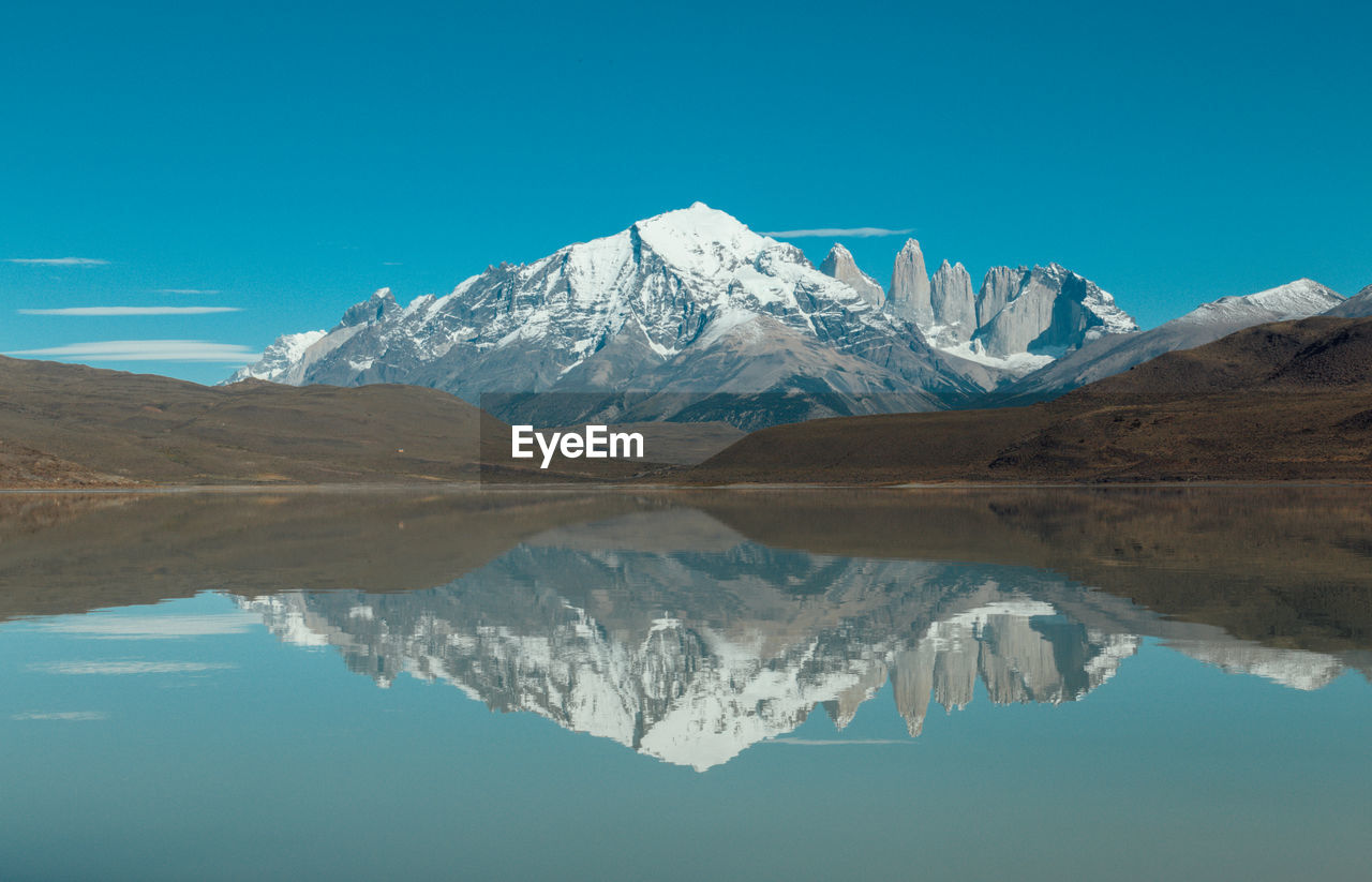 Scenic view of lake and mountains against clear blue sky