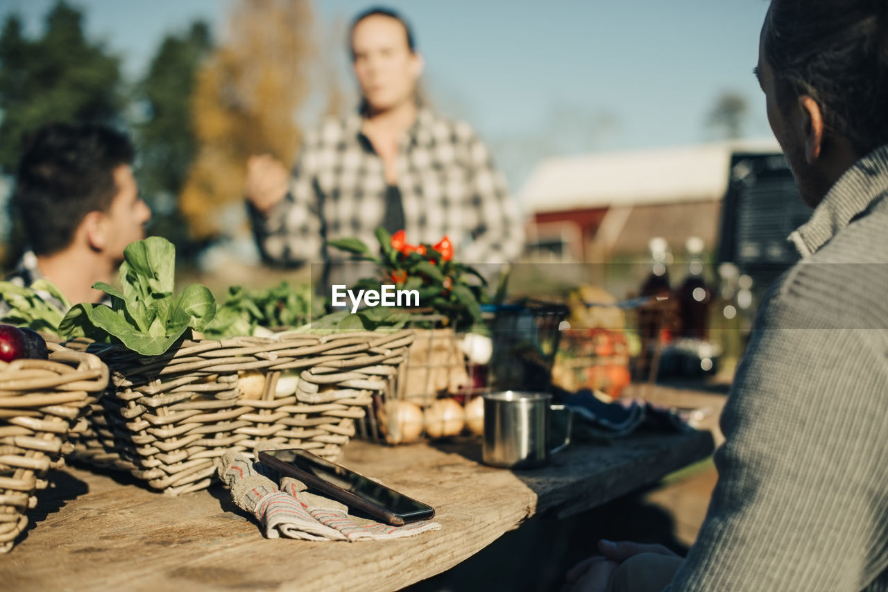 Farmers having discussion with mobile phone and organic vegetables on table