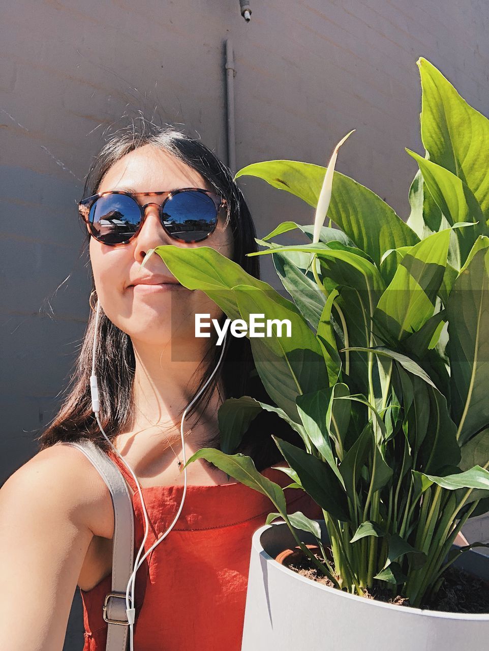 Young woman wearing sunglasses by potted plant