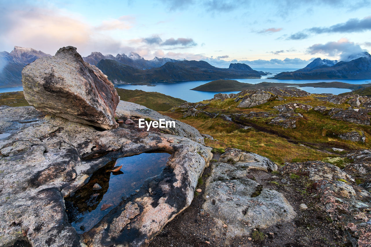Scenic view of lake by mountains against sky