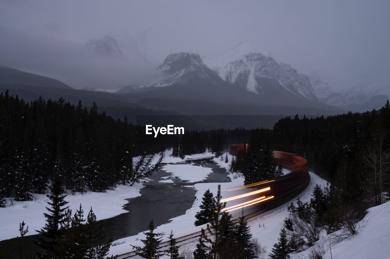 Early morning train in mountains