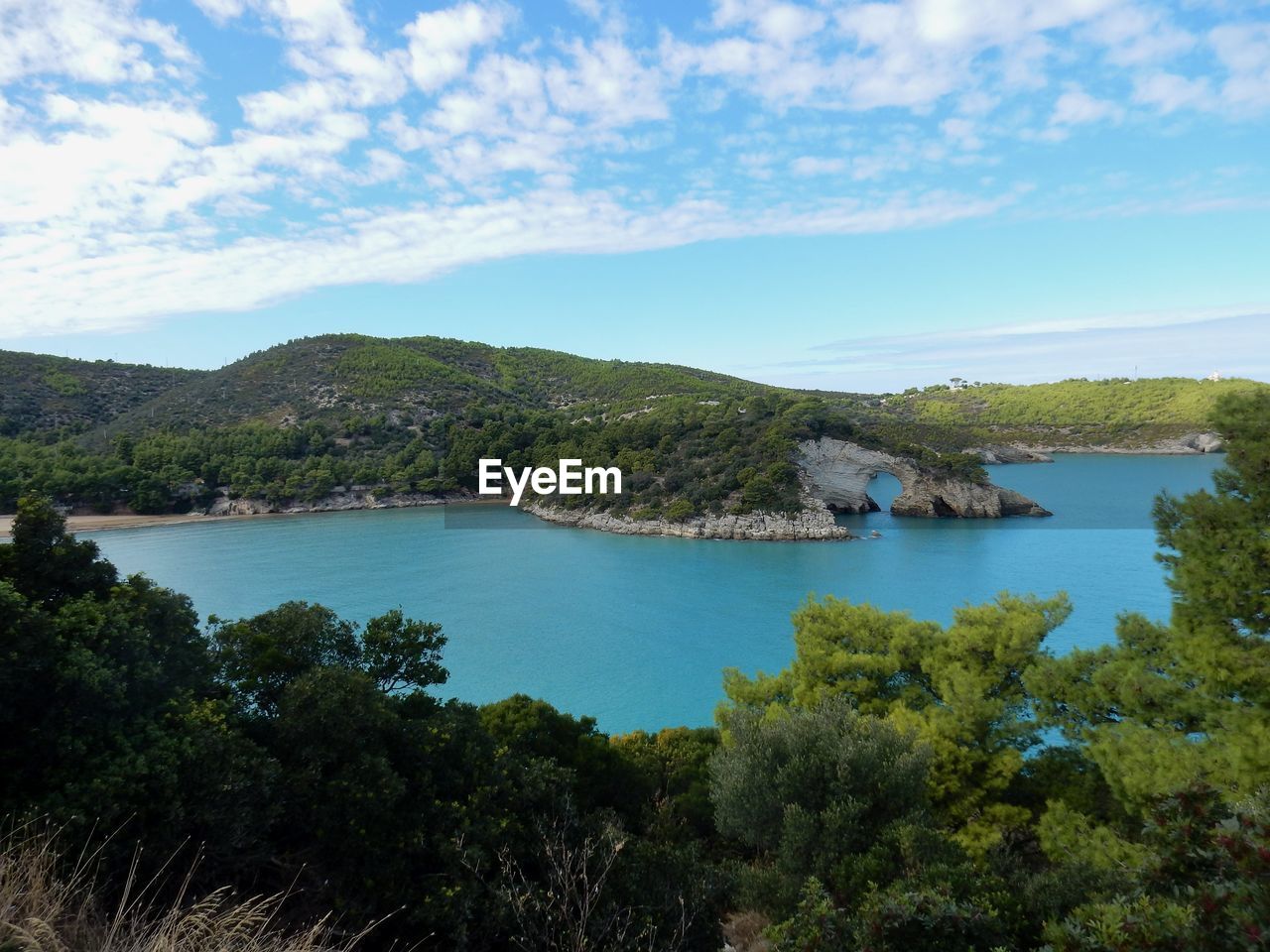 Scenic view of bay against sky