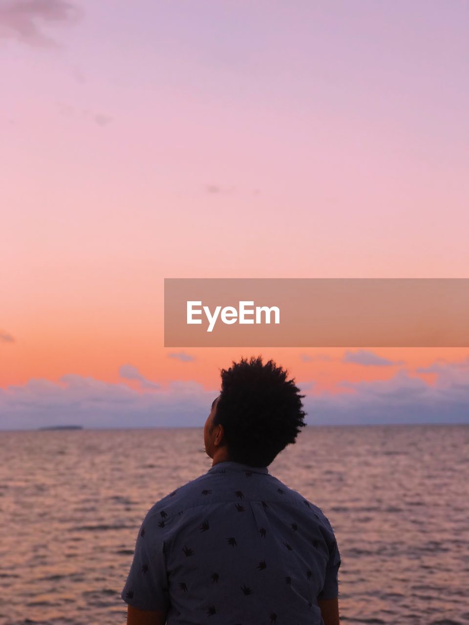 Rear view of man by sea against sky during sunset