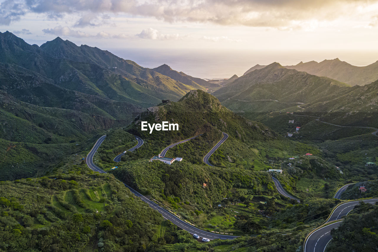 Aerial view of road amidst mountains against sky