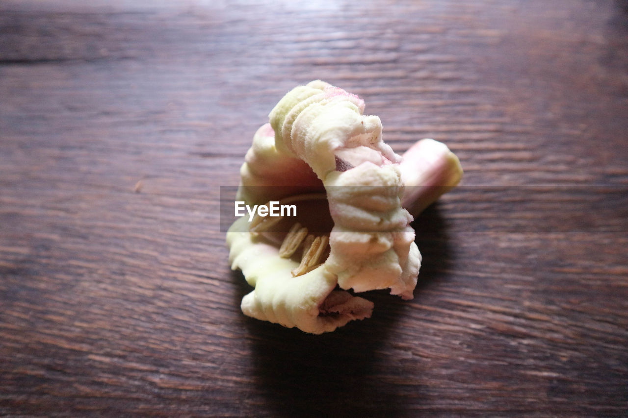 HIGH ANGLE VIEW OF MUSHROOMS ON WOODEN TABLE