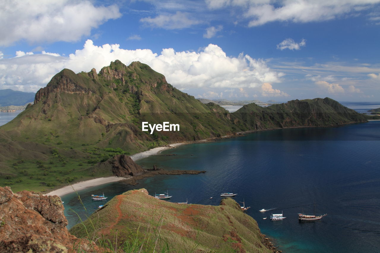 Scenic view of sea and mountains against sky