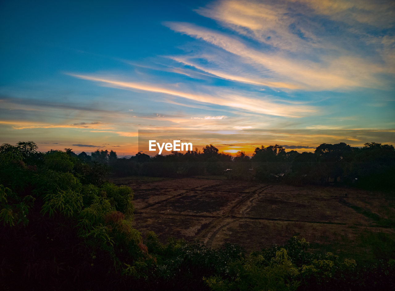 Scenic view of landscape against sky during sunrise