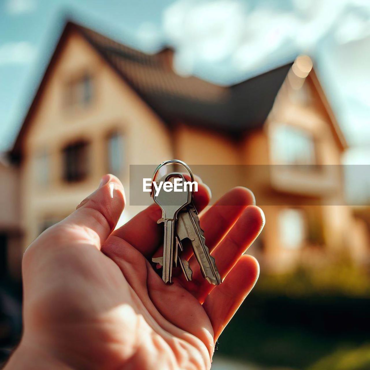 Keys in hand against the backdrop of an the apartment building