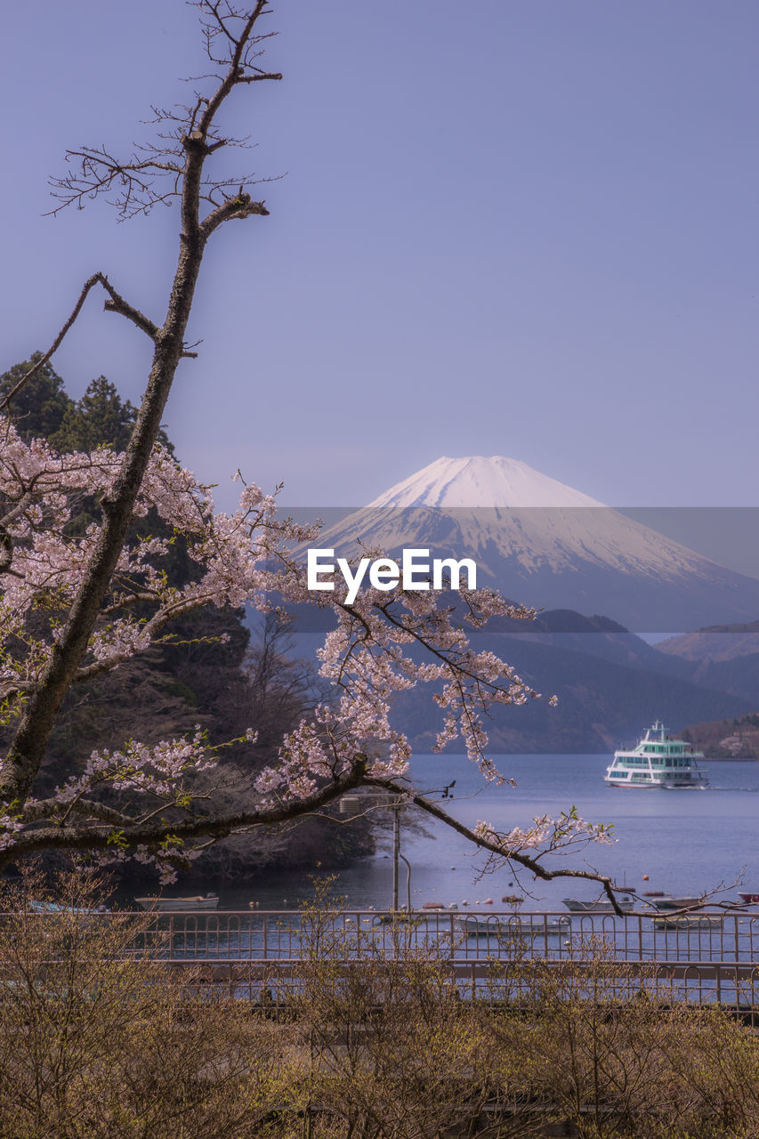 Scenic view of snowcapped mountains against clear sky