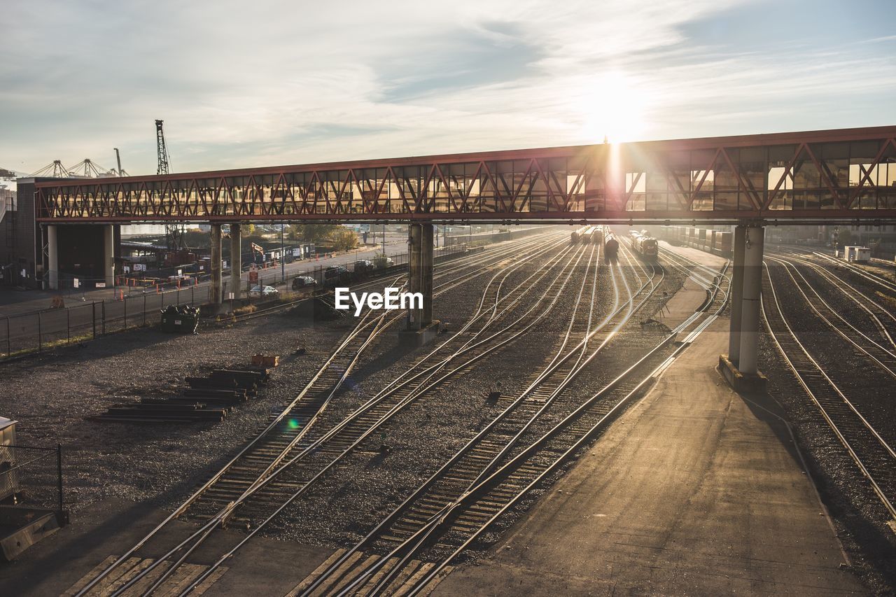 High angle view of railroad tracks during sunset