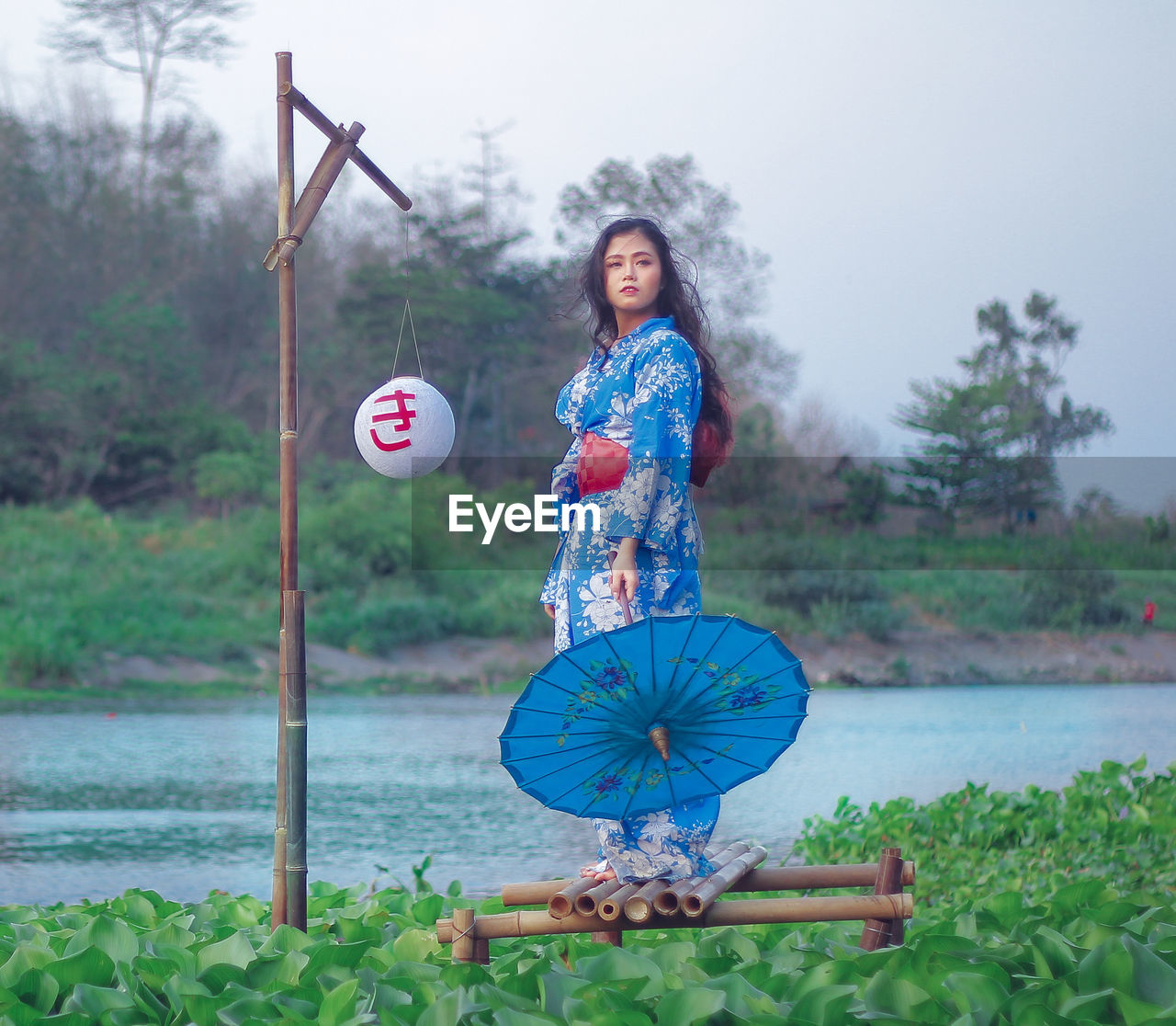 Portrait of woman with umbrella standing by plants