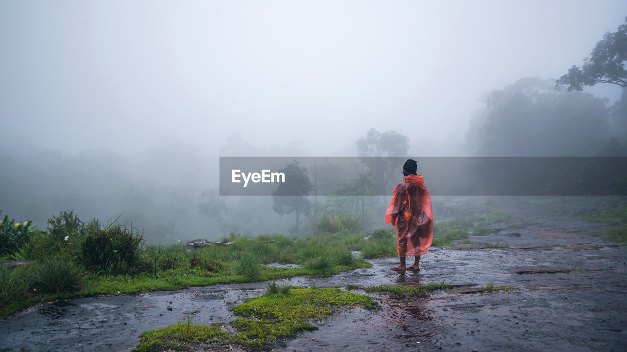 Rear view of man standing on land during rainy season