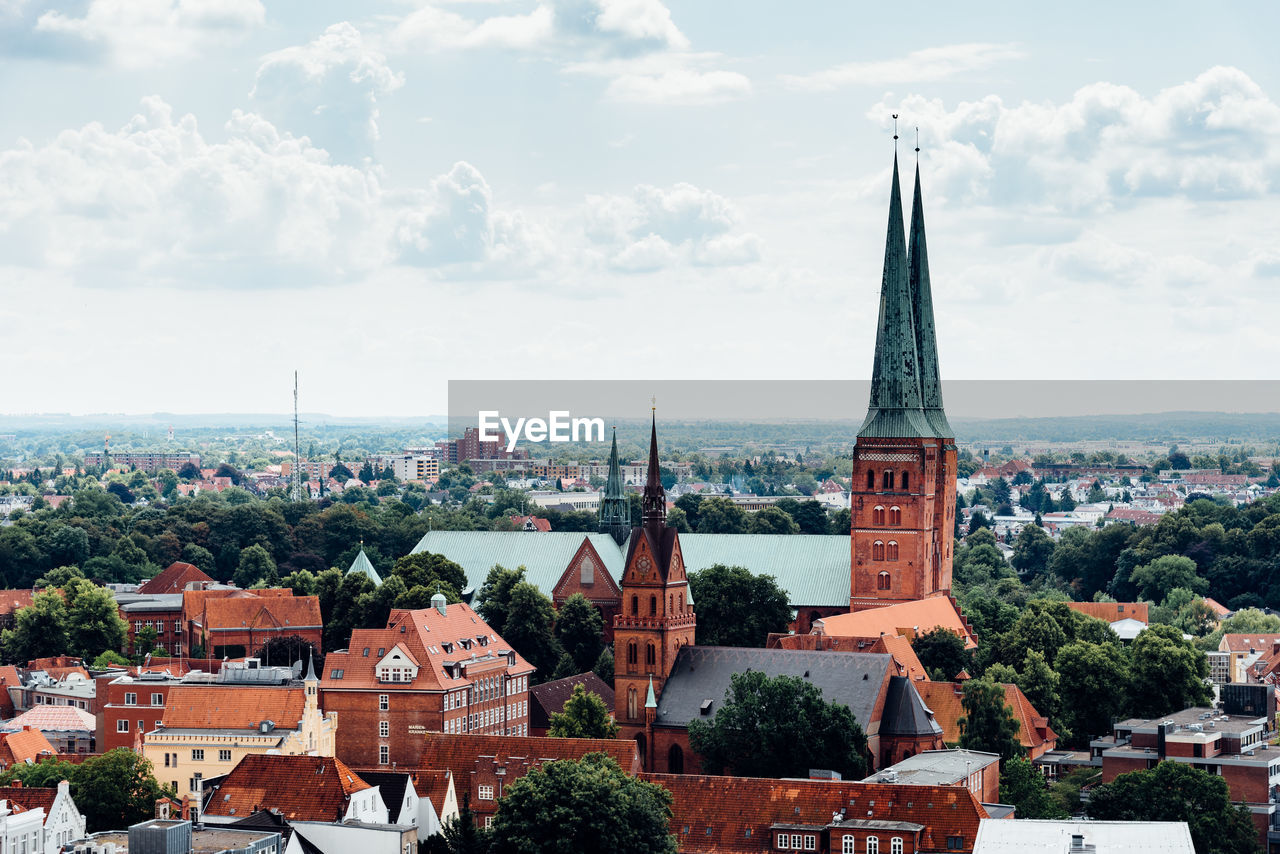 Aerial view of historic centre of lubeck with the cathedral.