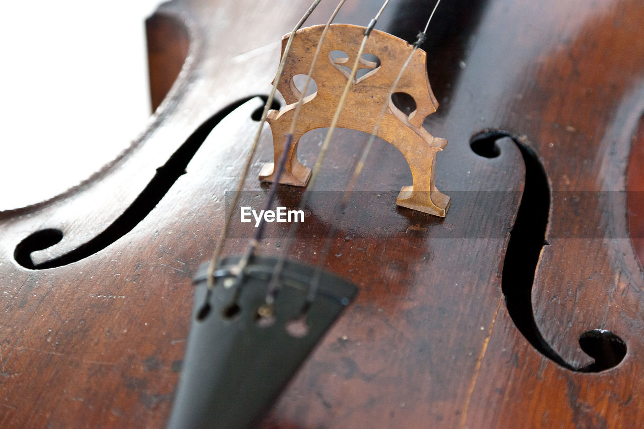 Close-up of violin over white background