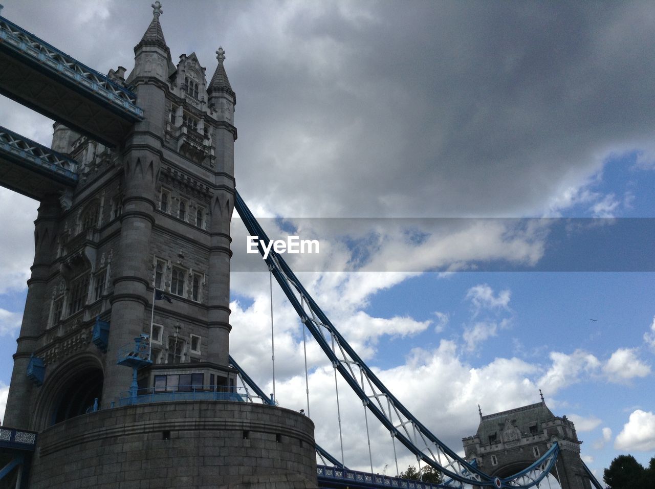 Low angle view of tower bridge against sky