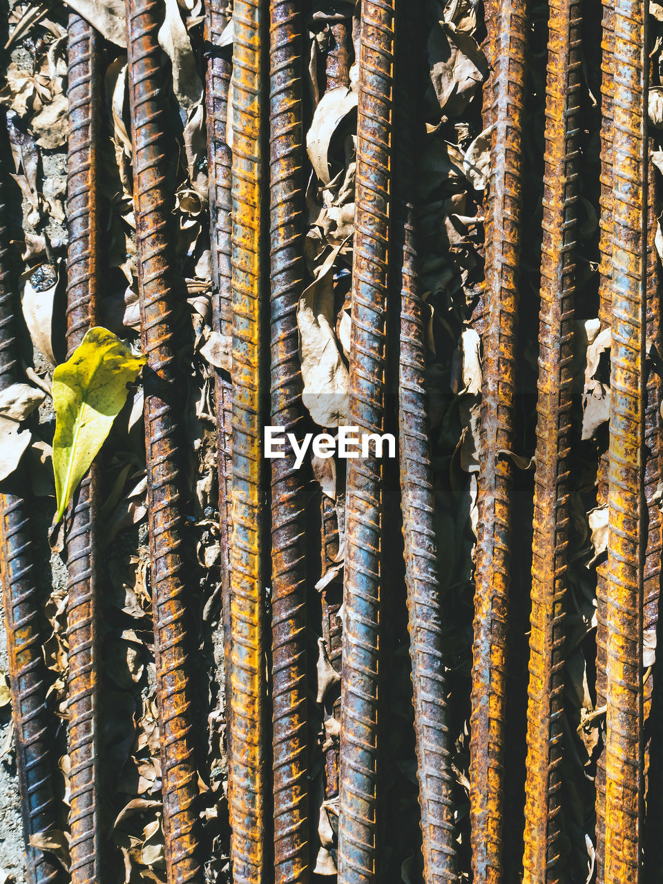 Old rusted iron bars and dry leaves on floor.  stack of straight old rusty steel reinforcement .