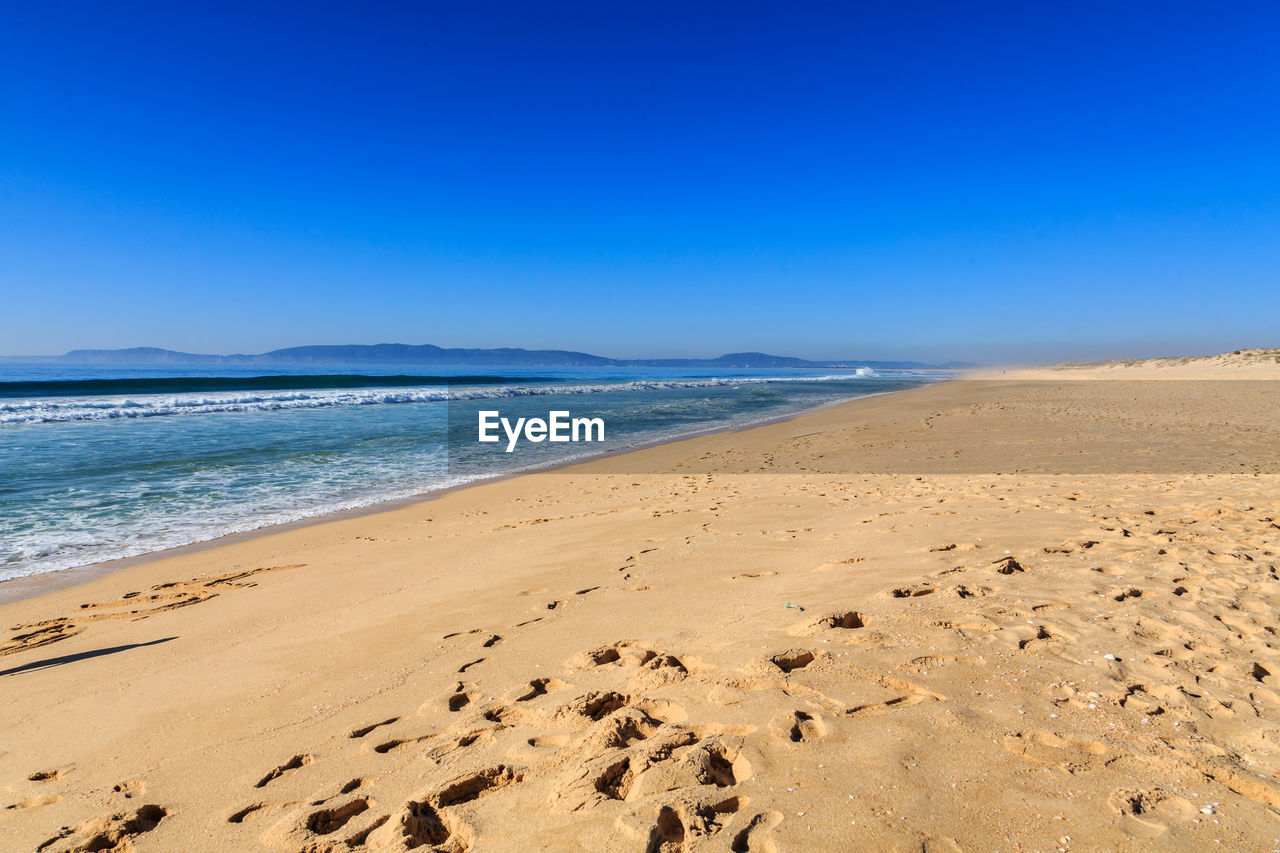 SCENIC VIEW OF SANDY BEACH AGAINST CLEAR BLUE SKY