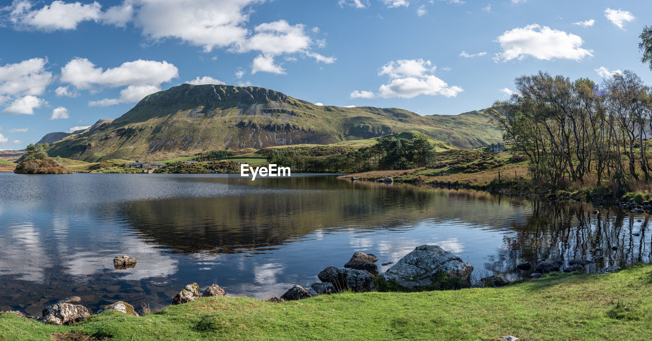 SCENIC VIEW OF LAKE BY MOUNTAIN AGAINST SKY