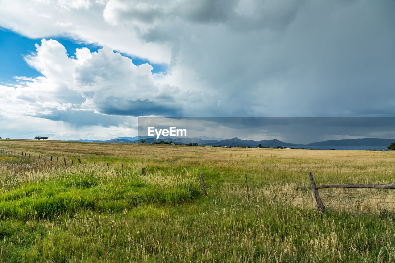 Scenic view of field against cloudy sky