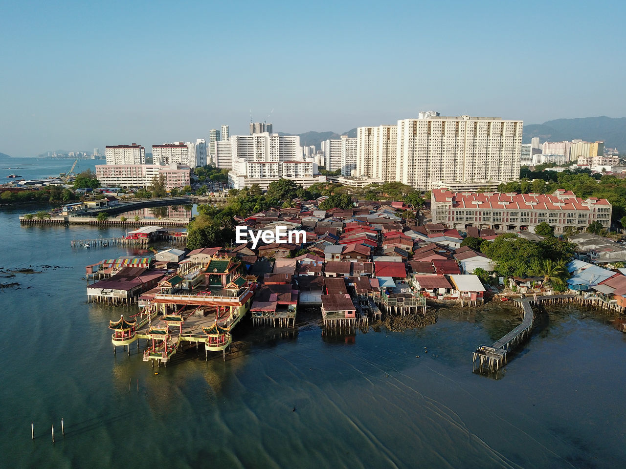 Hean boo thean temple in morning. background is apartments at macallum.