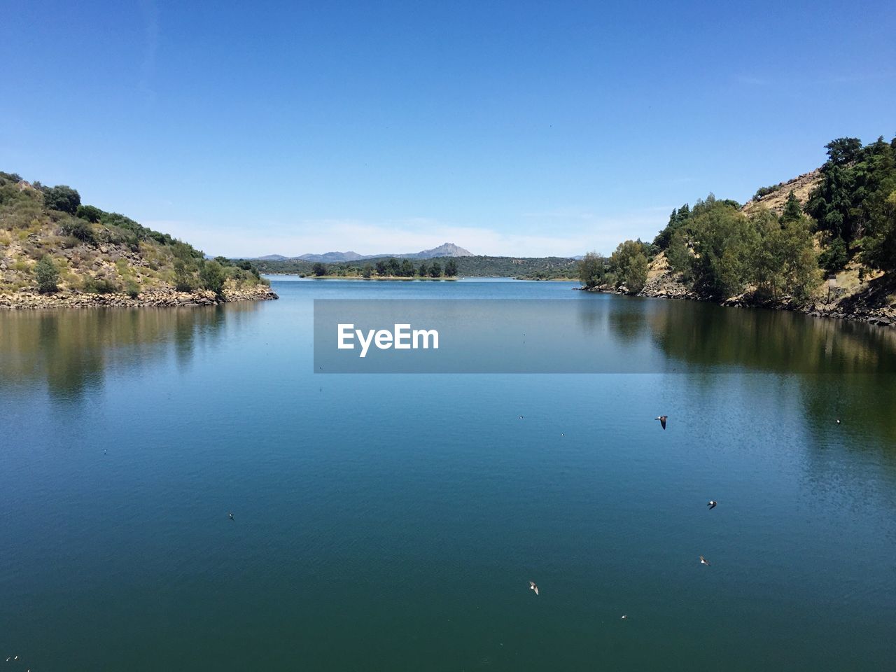 Scenic view of lake against blue sky