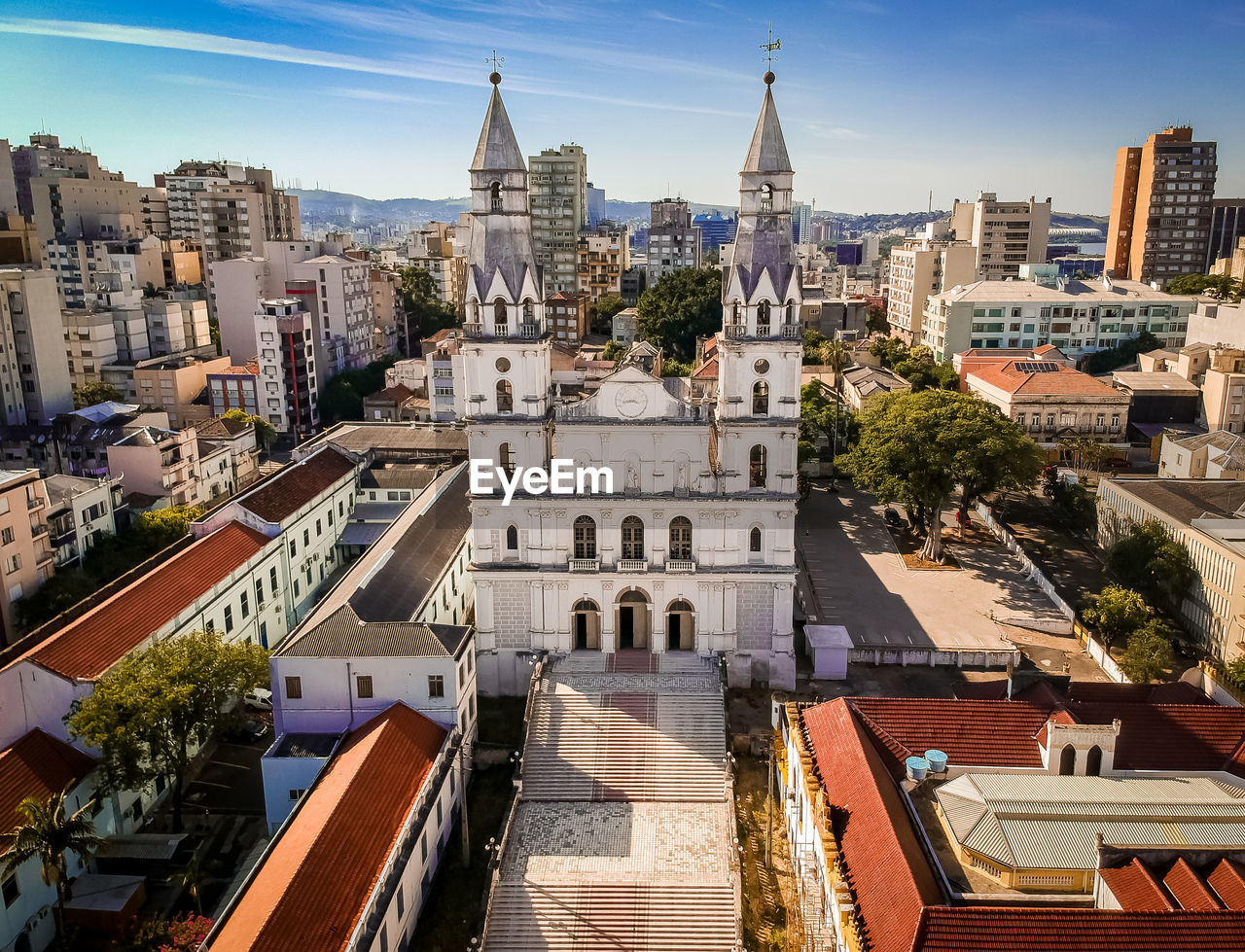 High angle view of buildings in city