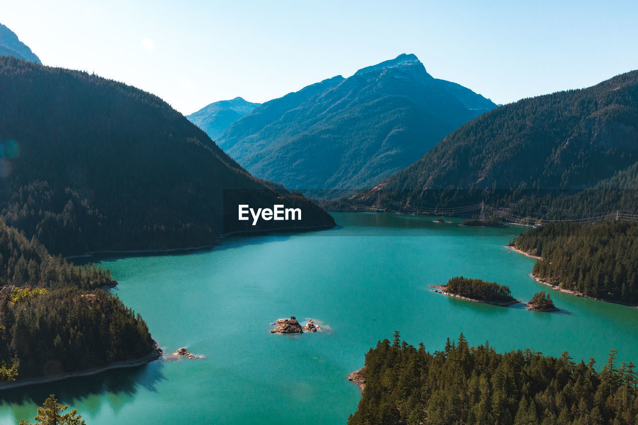 Scenic view of lake and mountains against clear sky