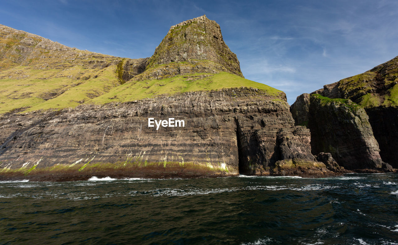 Rock formations in sea against sky